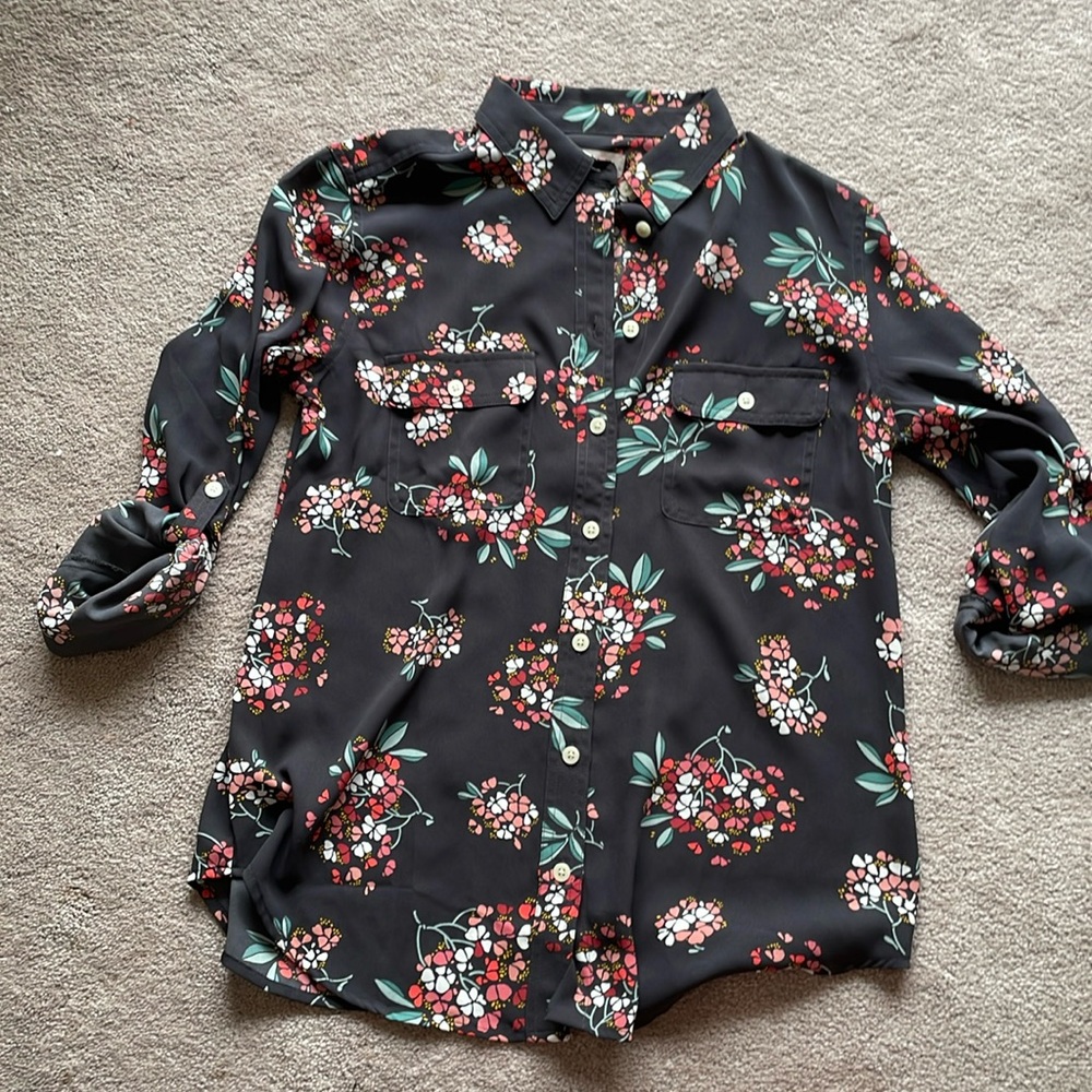 Loft Floral Black Camp Shirt Blouse S Small